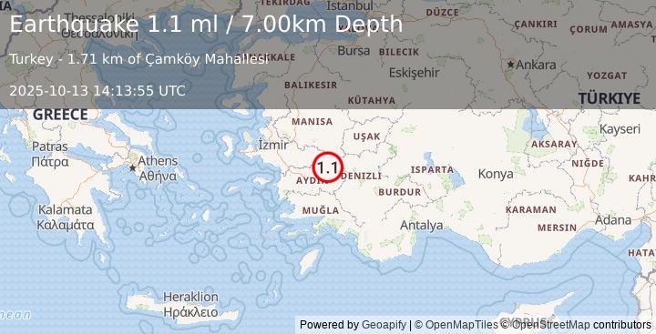 Earthquake WESTERN TURKEY (1.1 ml) (2025-10-13 14:13:55 UTC)