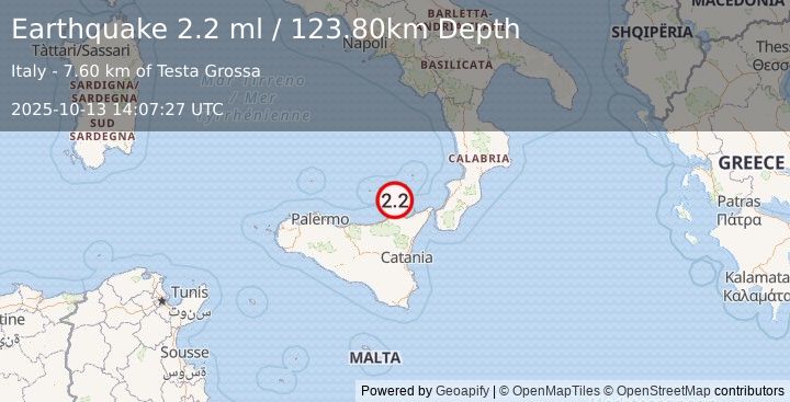 Earthquake SICILY, ITALY (2.2 ml) (2025-10-13 14:07:27 UTC)