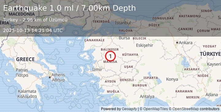 Earthquake WESTERN TURKEY (1.0 ml) (2025-10-13 14:21:04 UTC)