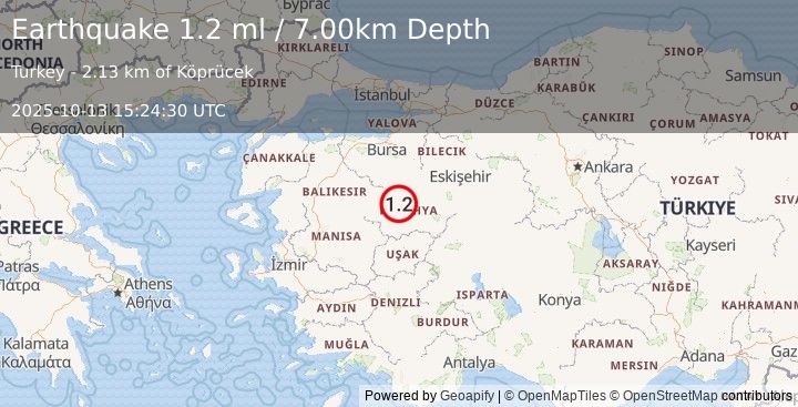 Earthquake WESTERN TURKEY (1.2 ml) (2025-10-13 15:24:30 UTC)