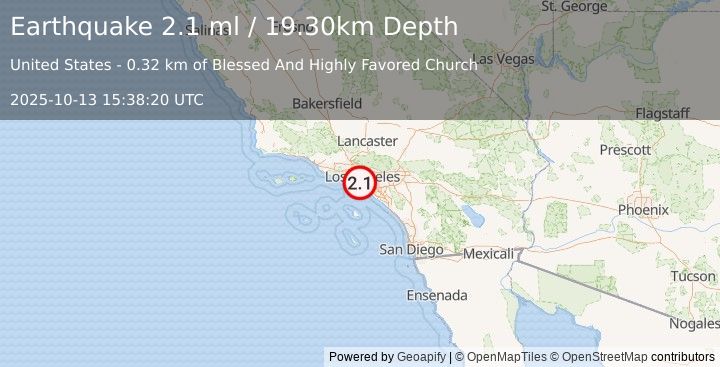 Earthquake GREATER LOS ANGELES AREA, CALIF. (2.1 ml) (2025-10-13 15:38:20 UTC)