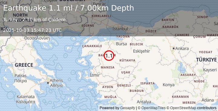 Earthquake WESTERN TURKEY (1.1 ml) (2025-10-13 15:47:23 UTC)