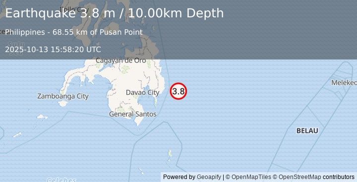Earthquake PHILIPPINE ISLANDS REGION (3.8 m) (2025-10-13 15:58:20 UTC)