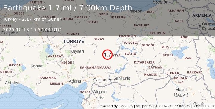 Earthquake CENTRAL TURKEY (1.7 ml) (2025-10-13 15:57:44 UTC)
