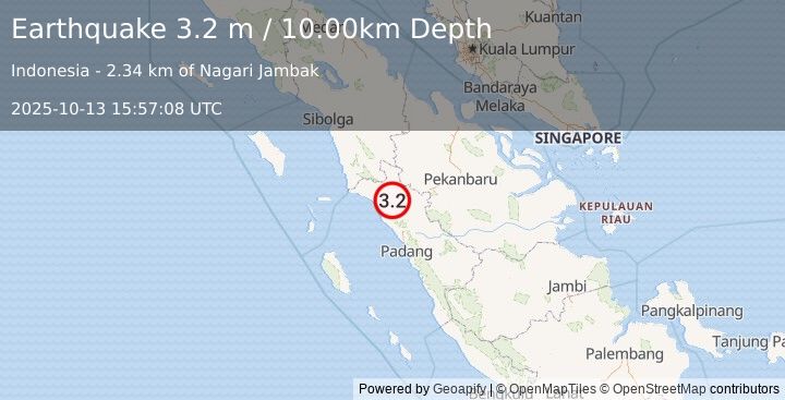 Earthquake NORTHERN SUMATRA, INDONESIA (3.2 m) (2025-10-13 15:57:08 UTC)