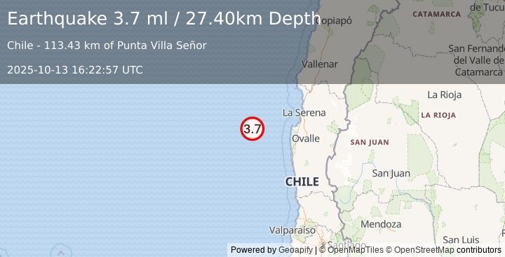 Earthquake OFF COAST OF COQUIMBO, CHILE (3.7 ml) (2025-10-13 16:22:57 UTC)