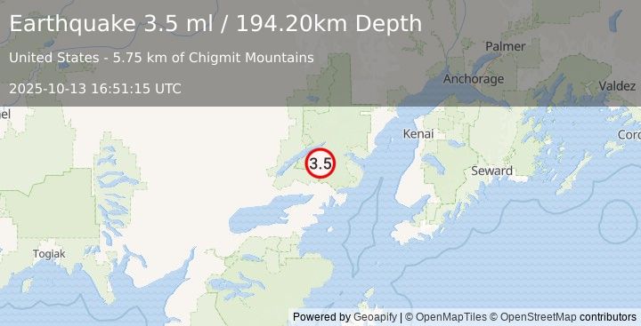 Earthquake SOUTHERN ALASKA (3.8 ml) (2025-10-13 16:51:16 UTC)