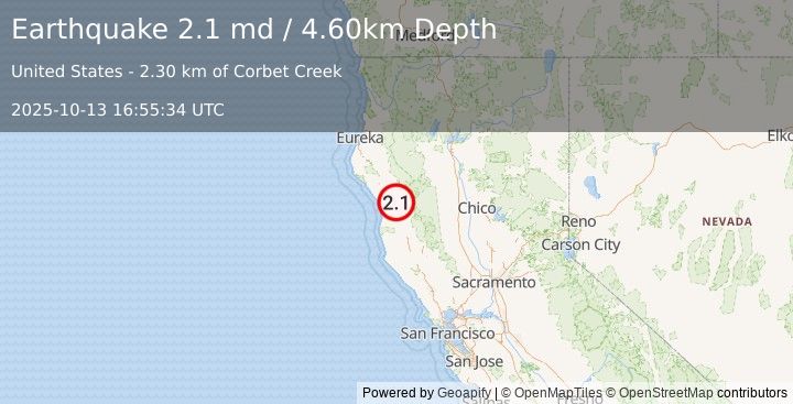Earthquake NORTHERN CALIFORNIA (2.1 md) (2025-10-13 16:55:34 UTC)