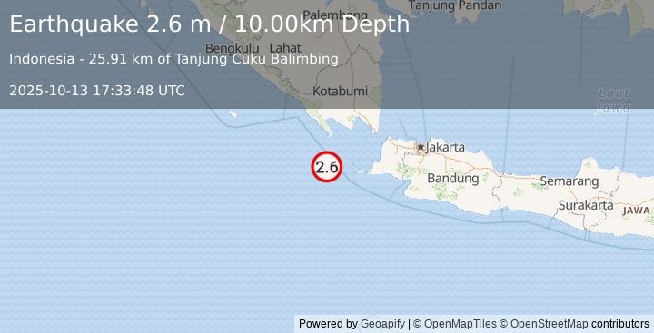 Earthquake SUNDA STRAIT, INDONESIA (2.6 m) (2025-10-13 17:33:48 UTC)