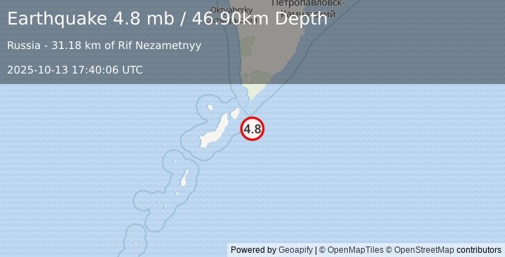 Earthquake KURIL ISLANDS (4.5 mb) (2025-10-13 17:40:01 UTC)