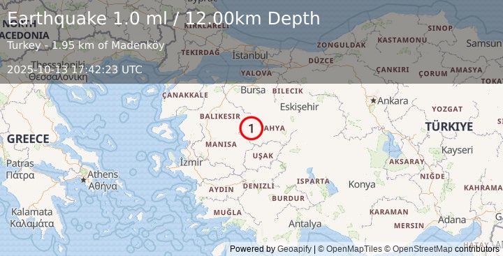 Earthquake WESTERN TURKEY (1.0 ml) (2025-10-13 17:42:23 UTC)