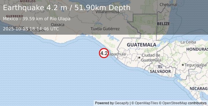 Earthquake OFFSHORE CHIAPAS, MEXICO (4.2 m) (2025-10-13 18:14:46 UTC)