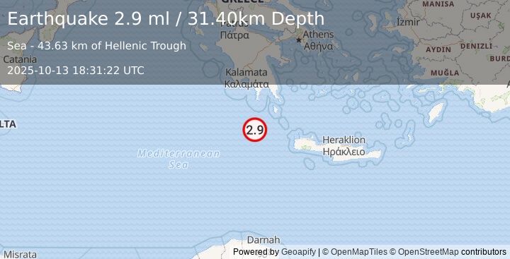 Earthquake CENTRAL MEDITERRANEAN SEA (2.9 ml) (2025-10-13 18:31:22 UTC)