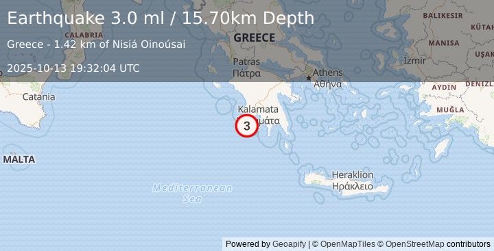 Earthquake SOUTHERN GREECE (3.1 ml) (2025-10-13 19:32:01 UTC)