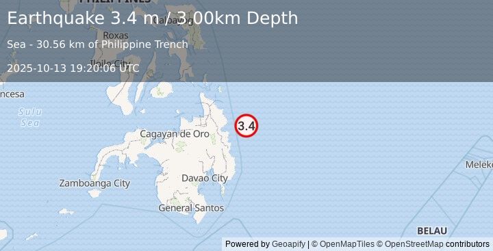 Earthquake MINDANAO, PHILIPPINES (3.4 m) (2025-10-13 19:20:06 UTC)