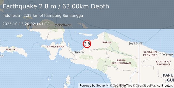 Earthquake NEAR N COAST OF PAPUA, INDONESIA (2.8 m) (2025-10-13 20:02:14 UTC)