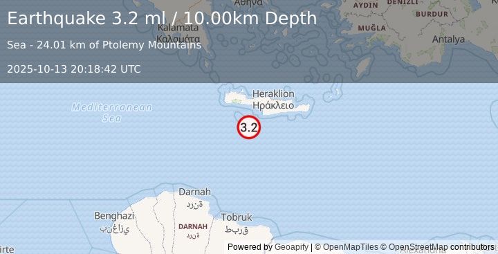 Earthquake CRETE, GREECE (3.1 ml) (2025-10-13 20:18:40 UTC)
