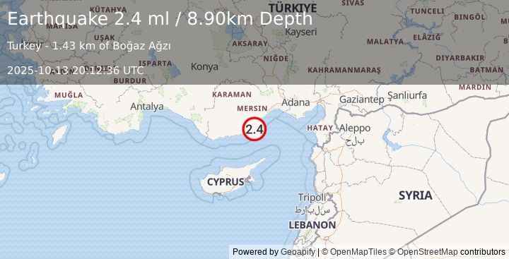 Earthquake CENTRAL TURKEY (2.4 ml) (2025-10-13 20:12:36 UTC)