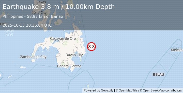 Earthquake PHILIPPINE ISLANDS REGION (3.8 m) (2025-10-13 20:36:04 UTC)