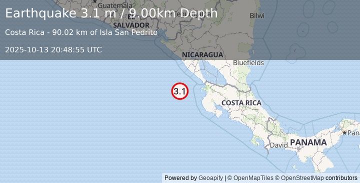 Earthquake OFF COAST OF COSTA RICA (3.1 m) (2025-10-13 20:48:55 UTC)