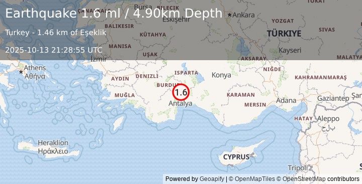 Earthquake WESTERN TURKEY (1.6 ml) (2025-10-13 21:28:55 UTC)