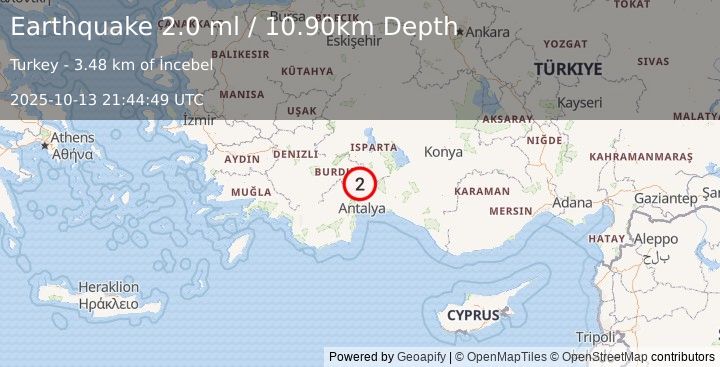 Earthquake WESTERN TURKEY (2.0 ml) (2025-10-13 21:44:49 UTC)