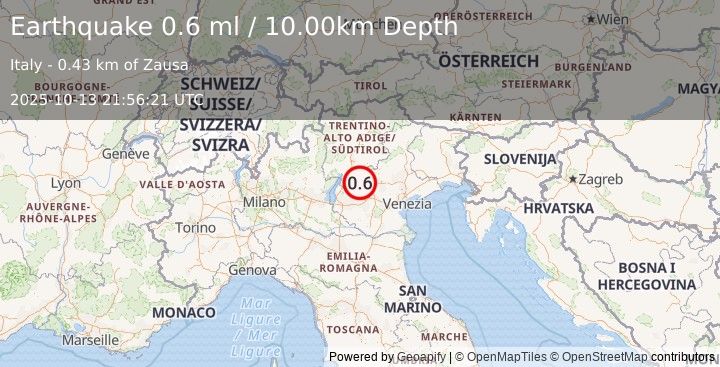 Earthquake NORTHERN ITALY (0.6 ml) (2025-10-13 21:56:21 UTC)