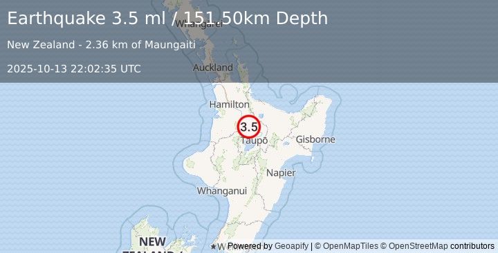 Earthquake NORTH ISLAND OF NEW ZEALAND (3.5 ml) (2025-10-13 22:02:35 UTC)