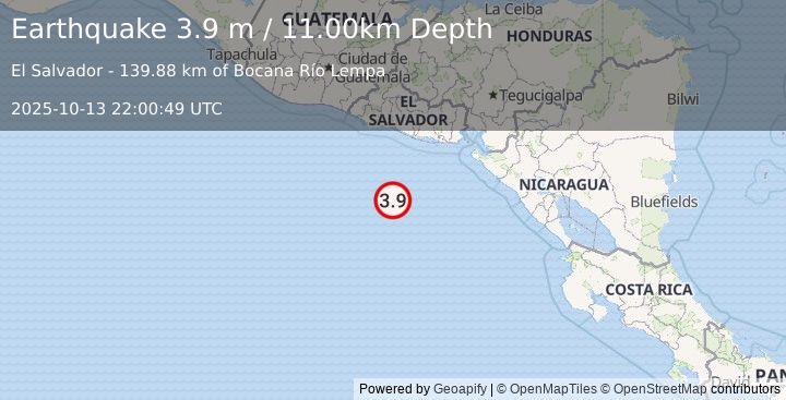 Earthquake OFF THE COAST OF EL SALVADOR (3.8 m) (2025-10-13 22:00:50 UTC)