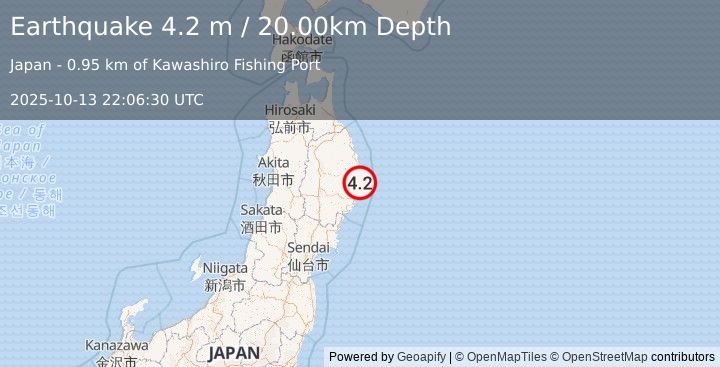 Earthquake NEAR EAST COAST OF HONSHU, JAPAN (4.2 m) (2025-10-13 22:06:30 UTC)