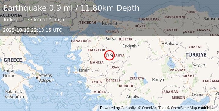 Earthquake WESTERN TURKEY (0.9 ml) (2025-10-13 22:13:15 UTC)