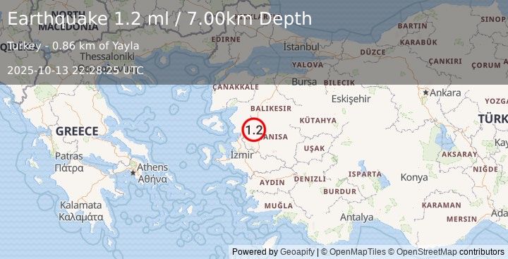 Earthquake WESTERN TURKEY (1.2 ml) (2025-10-13 22:28:25 UTC)