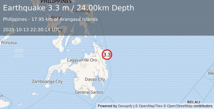 Earthquake MINDANAO, PHILIPPINES (3.3 m) (2025-10-13 22:30:14 UTC)