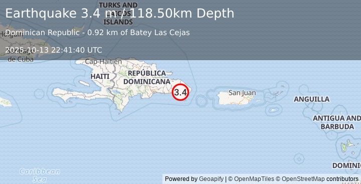 Earthquake DOMINICAN REPUBLIC (3.6 md) (2025-10-13 22:41:41 UTC)