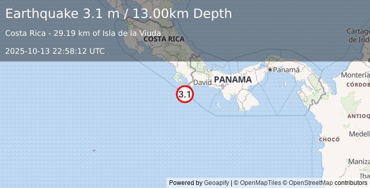 Earthquake OFF COAST OF COSTA RICA (3.1 m) (2025-10-13 22:58:12 UTC)