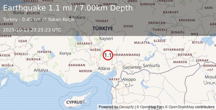 Earthquake CENTRAL TURKEY (1.1 ml) (2025-10-13 23:25:23 UTC)