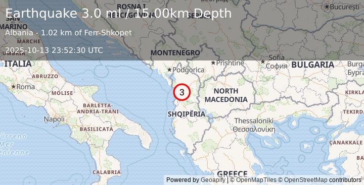 Earthquake ALBANIA (3.0 ml) (2025-10-13 23:52:31 UTC)