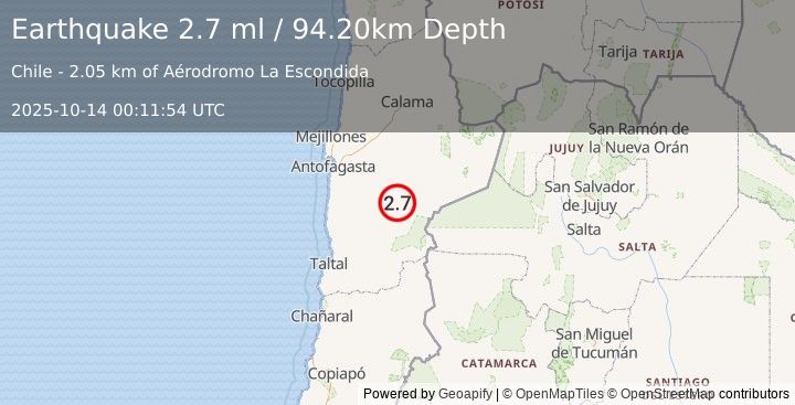 Earthquake ANTOFAGASTA, CHILE (2.7 ml) (2025-10-14 00:11:54 UTC)