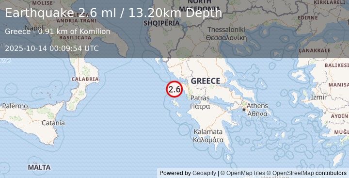 Earthquake GREECE (2.6 ml) (2025-10-14 00:09:53 UTC)