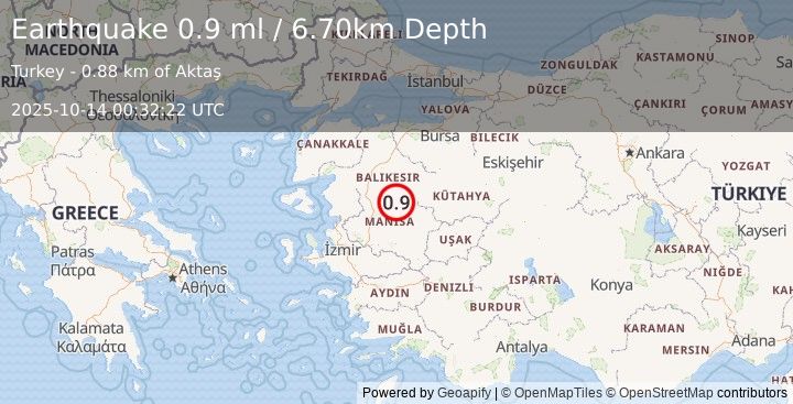 Earthquake WESTERN TURKEY (1.0 ml) (2025-10-14 00:32:56 UTC)