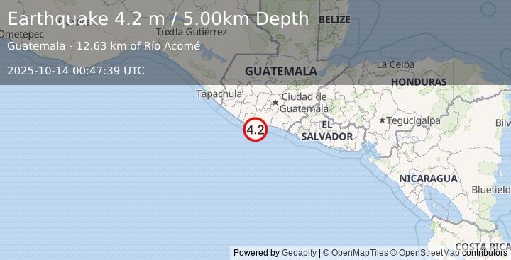 Earthquake OFFSHORE GUATEMALA (4.2 m) (2025-10-14 00:47:39 UTC)