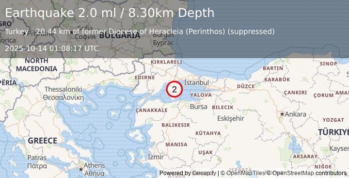 Earthquake WESTERN TURKEY (2.0 ml) (2025-10-14 01:08:17 UTC)