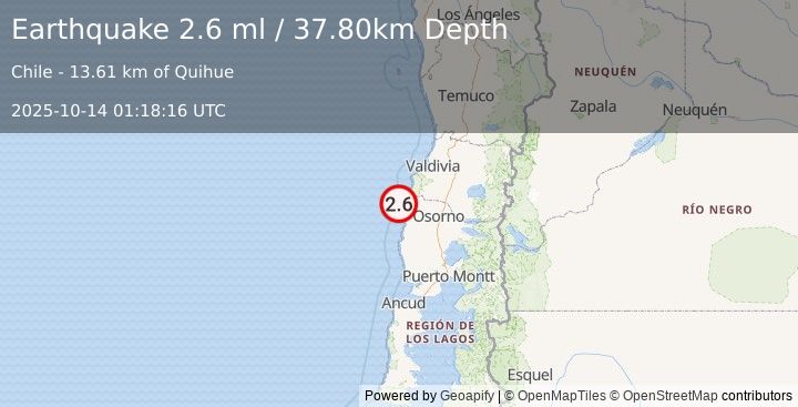 Earthquake OFFSHORE LOS LAGOS, CHILE (2.6 ml) (2025-10-14 01:18:16 UTC)