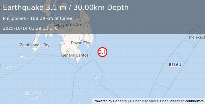 Earthquake PHILIPPINE ISLANDS REGION (3.1 m) (2025-10-14 01:29:12 UTC)
