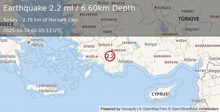 Earthquake WESTERN TURKEY (2.2 ml) (2025-10-14 02:05:13 UTC)