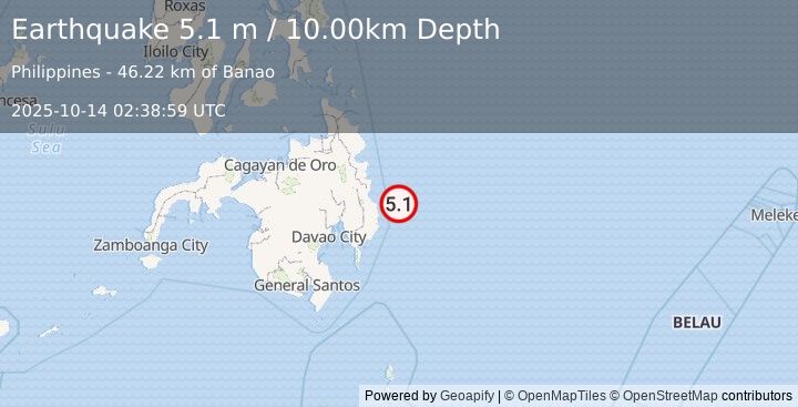 Earthquake MINDANAO, PHILIPPINES (4.9 mb) (2025-10-14 02:39:05 UTC)