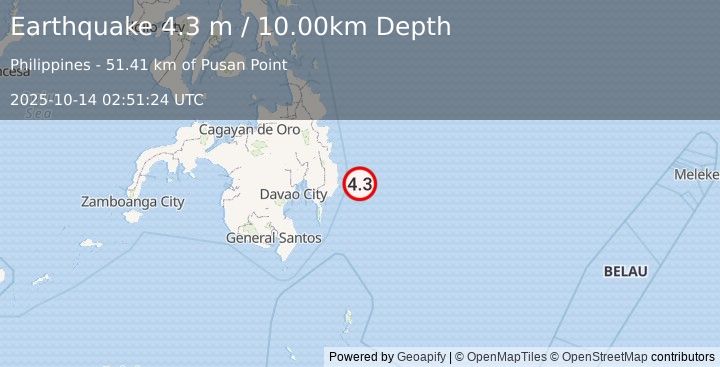 Earthquake PHILIPPINE ISLANDS REGION (4.3 m) (2025-10-14 02:51:24 UTC)