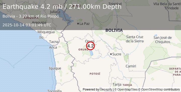 Earthquake ORURO, BOLIVIA (4.2 mb) (2025-10-14 03:01:49 UTC)