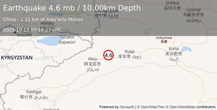 Earthquake SOUTHERN XINJIANG, CHINA (4.6 mb) (2025-10-14 03:15:27 UTC)