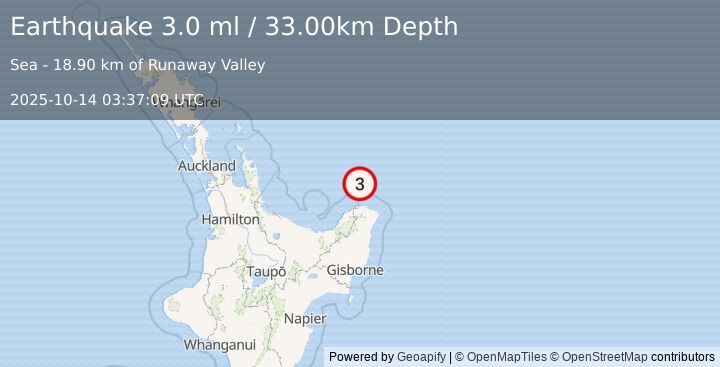 Earthquake OFF E. COAST OF N. ISLAND, N.Z. (3.0 ml) (2025-10-14 03:37:09 UTC)